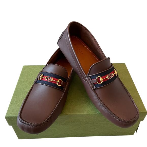 GUCCI Ayrton Web GG Horsebit Leather Driver Loafers Brown Size 12.5 | US 13 NEW - Picture 9 of 16